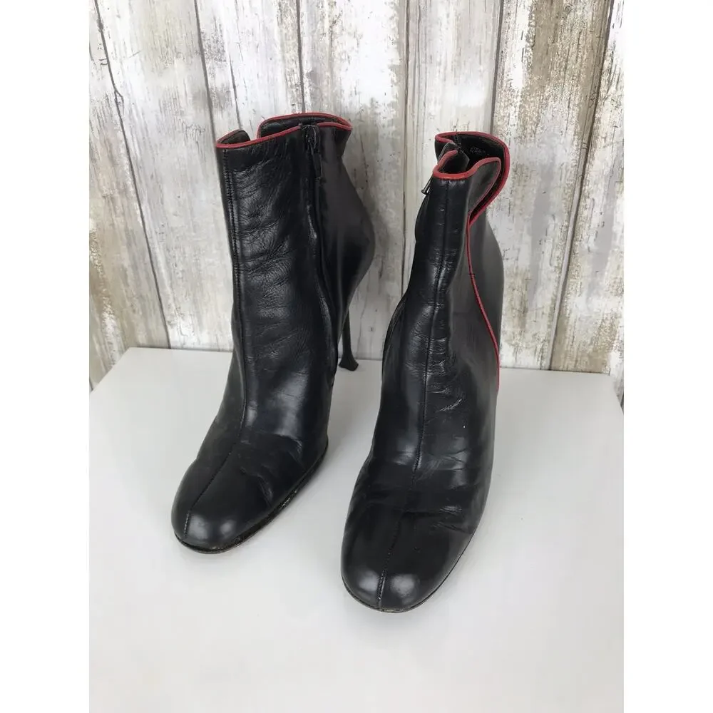 VINTAGE Karl Lagerfeld Paris ZILON Black Red Stiletto Heel Boots 7 FRANCE Y2K